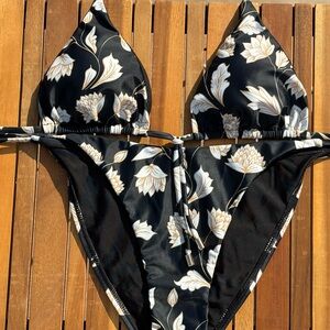 SMALL NWT Escape to Paradise Black Floral 2 Piece String Bikini Set